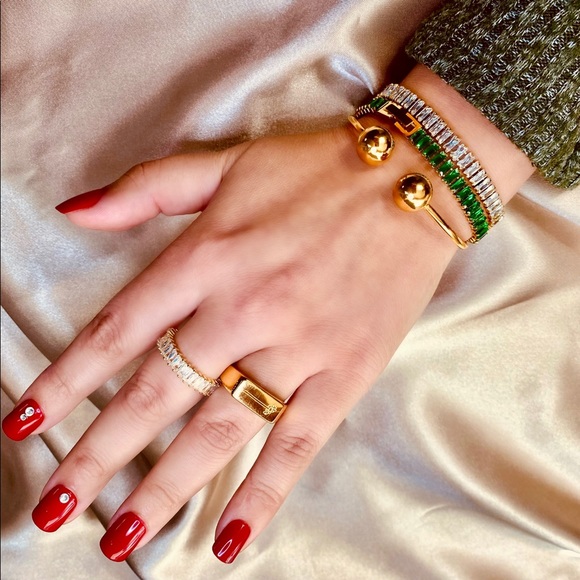 18K Iced Yellow Gold Diamond CZ Baguette Cut Open Ring Design - Picture 2 of 14